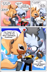 Size: 1341x2048 | Tagged: safe, artist:buddyhyped, tangle the lemur, whisper the wolf, 2024, abstract background, blushing, blushing ears, comic, dialogue, duo, english text, flirting, hand on another's hip, holding them, lesbian, sfx, shipping, spanish text, speech bubble, standing, tangle x whisper, wagging tail