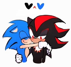 Size: 1020x954 | Tagged: safe, artist:beakhan22024, shadow the hedgehog, sonic the hedgehog, 2024, blushing, cute, duo, eyes closed, floppy ears, frown, gay, hand on another's hip, hand on another's shoulder, heart, hugging, shadow x sonic, shipping, simple background, smile, sonabetes, white background