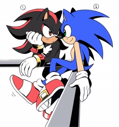 Size: 1920x2048 | Tagged: safe, artist:wiggle_rain, shadow the hedgehog, sonic the hedgehog, 2024, :<, cute, duo, exclamation mark, frown, gay, leaning forward, leaning on something, looking at each other, musical note, railing, shadow x sonic, shadowbetes, shipping, simple background, sitting, smile, sonabetes, white background