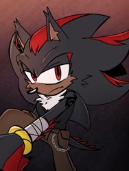 Size: 768x1024 | Tagged: safe, artist:weiirddudee, shadow the hedgehog, 2024, bandage, chain, clothes, frown, gloves off, gradient background, lidded eyes, looking at viewer, pants, solo, tattoo