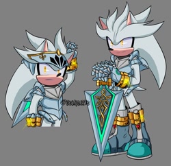 Size: 949x920 | Tagged: safe, artist:jeongarte_sonic, silver the hedgehog, 2024, frown, grey background, holding something, knight armor, looking at viewer, looking offscreen, signature, simple background, sir galahad, solo, standing, sword