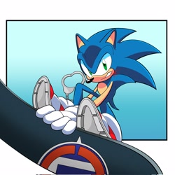 Size: 2048x2048 | Tagged: safe, artist:sunik_8282, sonic the hedgehog, sonic adventure 2, 2024, g.u.n logo, handcuffs, looking at viewer, signature, smile, solo