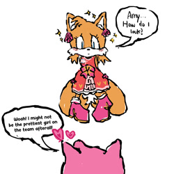 Size: 1000x1000 | Tagged: safe, artist:asbesttosmaxxer, amy rose, miles "tails" prower, 2023, blushing, bow, dialogue, dress, duo, english text, frown, heart, looking at each other, nervous, simple background, sparkles, speech bubble, trans female, transgender, white background