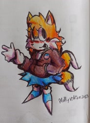Size: 1511x2048 | Tagged: safe, artist:flourywawas, miles "tails" prower, 2023, aviator jacket, blue shoes, blushing, clothes, cute, hand in pocket, looking at viewer, signature, skirt, smile, solo, standing, tailabetes, traditional media, trans female, transgender, waving