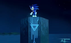 Size: 2048x1235 | Tagged: safe, artist:ira_theartist, sonic the hedgehog, sonic frontiers, 2024, abstract background, clenched teeth, looking back, looking back at viewer, nighttime, outdoors, signature, solo, standing, star (sky), tower, water
