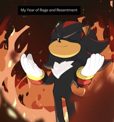 Size: 1609x1719 | Tagged: safe, artist:cadieeex3, shadow the hedgehog, 2024, abstract background, english text, eyes closed, fire, smile, solo, standing