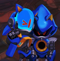 Size: 1551x1566 | Tagged: safe, artist:jesterb0nes, metal sonic, black sclera, chaos sonic, duo, hand on another's arm, lineless, looking at viewer, robot, standing, v sign, wink