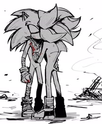 Size: 1687x2048 | Tagged: safe, artist:sa1k_a, shadow the hedgehog, sonic the hedgehog, 2024, blood, duo, eyes closed, gay, greyscale, holding each other, kiss, shadow x sonic, shipping, standing, white background