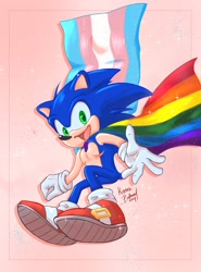 Size: 1516x2048 | Tagged: safe, artist:kaorubelmont, sonic the hedgehog, 2024, cape, gay pride, looking at viewer, mouth open, pride, pride flag, signature, smile, solo, sparkles, top surgery scars, trans male, trans pride, transgender