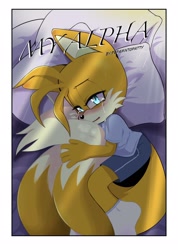 Size: 1458x2048 | Tagged: safe, artist:pepamintopatty, miles "tails" prower, comic:my alpha, 2021, bed, blushing, comic, comic cover, crying, holding tail, lidded eyes, looking at viewer, lying on side, sad, solo