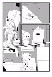 Size: 1392x2048 | Tagged: safe, artist:pepamintopatty, sonic the hedgehog, comic:my alpha, 2021, clothes, comic, indoors, key, monochrome, sfx, smile, solo, walking