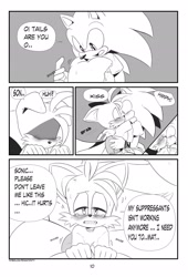Size: 1390x2048 | Tagged: safe, artist:pepamintopatty, miles "tails" prower, sonic the hedgehog, comic:my alpha, 2021, blushing, comic, crying, dialogue, duo, english text, floppy ears, gay, holding each other, hugging, in heat, kiss, monochrome, sfx, shadowed face, shipping, sonic x tails, speech bubble