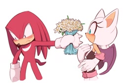 Size: 1566x1052 | Tagged: safe, artist:toonsite, knuckles the echidna, rouge the bat, daisy (flower), flower bouquet, knuxouge, shipping, straight