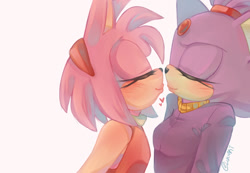 Size: 1280x886 | Tagged: safe, artist:holluxx, amy rose, blaze the cat, cat, hedgehog, 2020, amy x blaze, amy's halterneck dress, blaze's tailcoat, cute, eyes closed, female, females only, hearts, lesbian, shipping