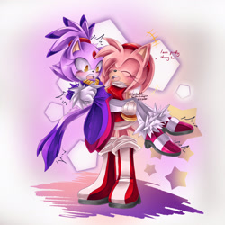 Size: 2048x2048 | Tagged: safe, artist:cylikaart, amy rose, blaze the cat, cat, hedgehog, 2020, amy x blaze, amy's halterneck dress, blaze's tailcoat, blushing, carrying them, cute, english text, eyes closed, female, females only, lesbian, shipping, star (symbol)