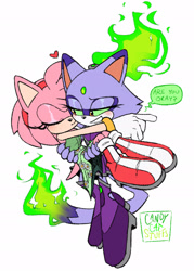 Size: 1280x1784 | Tagged: safe, artist:candycatstuffs, amy rose, blaze the cat, cat, hedgehog, 2022, alternate universe, amy x blaze, carrying them, cute, eyes closed, female, females only, flame, lesbian, shipping