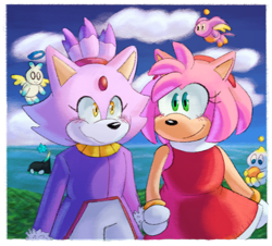 Size: 1024x926 | Tagged: safe, artist:purpleterror91, amy rose, blaze the cat, cat, chao, hedgehog, 2019, amy x blaze, amy's halterneck dress, blaze's tailcoat, cute, dark chao, female, females only, hero chao, holding hands, lesbian, looking at them, neutral chao, shipping