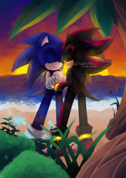 Size: 2048x2897 | Tagged: safe, artist:cylikaart, shadow the hedgehog, sonic the hedgehog, 2020, abstract background, beach, cute, duo, eyes closed, flower, gay, grass, holding hands, ocean, outdoors, palm tree, shadow x sonic, shipping, signature, smile, standing, sunset, tree