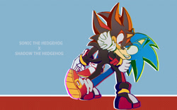Size: 1920x1200 | Tagged: safe, artist:cylikaart, shadow the hedgehog, sonic the hedgehog, 2020, duo, frown, gay, holding each other, looking at each other, outline, shadow x sonic, shipping, smile, sonic channel wallpaper style, wallpaper