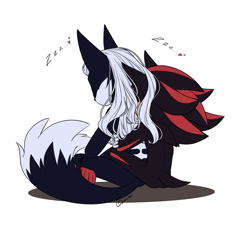 Size: 1851x1721 | Tagged: safe, artist:holluxx, infinite the jackal, shadow the hedgehog, duo, eyes closed, gay, holding them, hugging from behind, shadfinite, shipping, simple background, sitting, sleeping, white background, zzz