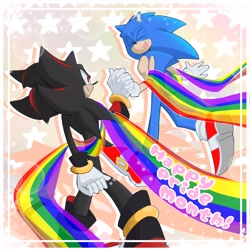 Size: 2048x2048 | Tagged: safe, artist:ravine_ice45, shadow the hedgehog, sonic the hedgehog, 2024, abstract background, duo, english text, eyes closed, gay, gay pride, holding hands, looking at them, pride, pride flag, shadow x sonic, shipping, smile, star (symbol), walking