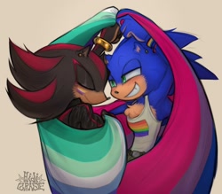 Size: 1612x1411 | Tagged: safe, artist:hidigrade, shadow the hedgehog, sonic the hedgehog, 2024, bisexual, bisexual pride, bracelet, clothes, duo, eyes closed, flag, gay, gloves off, grey background, holding something, lidded eyes, looking at them, mlm pride, nonbinary, nonbinary pride, pride, pride flag, shadow x sonic, shipping, signature, simple background, smile, standing, tank top