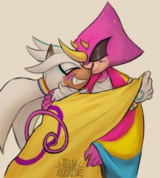 Size: 1517x1692 | Tagged: safe, artist:hidigrade, espio the chameleon, silver the hedgehog, 2024, cute, demisexual, demisexual pride, duo, eyes closed, face paint, flag, gay, gay pride, grey background, holding something, hugging, intersex, intersex male, intersex pride, pansexual, pansexual pride, ponytail, pride, pride flag, shipping, signature, silvio, simple background, smile, standing, tail hug