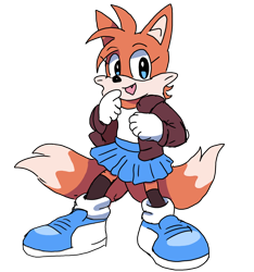 Size: 1920x2048 | Tagged: safe, miles "tails" prower, 2024, anonymous artist, aviator jacket, blue shoes, cute, looking at viewer, mobius.social exclusive, mouth open, one fang, simple background, skirt, smile, solo, standing, stockings, trans female, transgender, transparent background