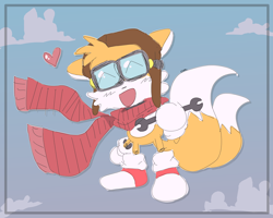 Size: 2048x1638 | Tagged: safe, artist:coalslaw12, miles "tails" prower, ^^, border, clouds, cute, eyes closed, goggles, heart, holding something, mouth open, pilot hat, scarf, signature, smile, solo, standing, tailabetes, wrench