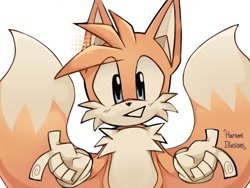 Size: 1024x768 | Tagged: safe, artist:haruillusions, miles "tails" prower, looking at viewer, pointing, signature, simple background, smile, solo, white background