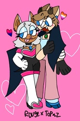 Size: 850x1280 | Tagged: safe, artist:veo-queenofcards, agent stone, rouge the bat, deer, 2024, bisexual, bisexual pride, duo, heart, lesbian, lesbian pride, mobianified, pink background, pride, roupaz, shipping, simple background, smile, tongue out, wing hug