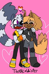 Size: 850x1280 | Tagged: safe, artist:veo-queenofcards, tangle the lemur, whisper the wolf, 2024, arm around shoulders, blushing, cute, duo, heart, holding hands, lesbian, lesbian pride, pink background, pride, shipping, simple background, smile, standing, tangle x whisper, wagging tail, wink