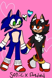 Size: 850x1280 | Tagged: safe, artist:veo-queenofcards, shadow the hedgehog, sonic the hedgehog, 2024, blushing, demiromantic, demiromantic pride, duo, fingerless gloves, gay, heart, holding hands, lidded eyes, looking at each other, mlm pride, pink background, shadow x sonic, shipping, simple background, smile, sweatdrop