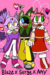 Size: 850x1280 | Tagged: safe, artist:veo-queenofcards, amy rose, blaze the cat, surge the tenrec, 2024, amy x blaze, amy x blaze x surge, arm around shoulders, bisexual, bisexual pride, blazamurge, blushing, cute, demiromantic, demiromantic pride, heart, lesbian, lesbian pride, pink background, polyamory, pride, shipping, simple background, smile, standing, surgamy, surgaze, trio, wink