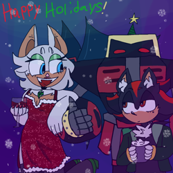 Size: 1280x1280 | Tagged: safe, artist:veo-queenofcards, e-123 omega, rouge the bat, shadow the hedgehog, christmas, christmas outfit, english text, eyes closed, holding something, looking at each other, robot, smile, snowflake, standing, team dark, trio