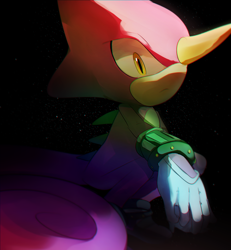 Size: 1498x1619 | Tagged: safe, artist:bhuxu, espio the chameleon, black background, frown, looking at viewer, simple background, sitting, solo, star (sky)