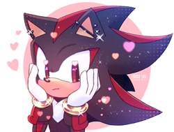 Size: 1971x1493 | Tagged: safe, artist:kazuna_endi, shadow the hedgehog, 2024, cute, ear piercing, earring, hands on own face, heart, looking at viewer, shadowbetes, smile, solo, sparkles