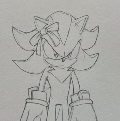 Size: 2014x2048 | Tagged: safe, artist:cadieeex3, shadow the hedgehog, 2024, bow, frown, line art, looking offscreen, pencilwork, solo, traditional media