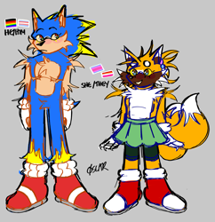 Size: 1983x2048 | Tagged: safe, artist:masterofmasters, miles "tails" prower, sonic the hedgehog, duo, english text, fluffy, frown, gay, grey background, lesbian, looking offscreen, shorts, signature, simple background, skirt, smile, standing, top surgery scars, trans female, trans male, transgender