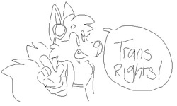 Size: 540x324 | Tagged: safe, artist:vampire-cookie, miles "tails" prower, ask response, dialogue, english text, line art, looking offscreen, pointing, simple background, smile, solo, speech bubble, trans female, trans rights, transgender, white background