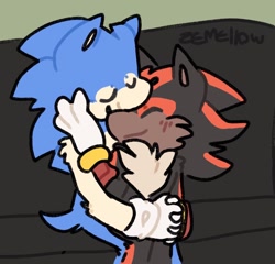 Size: 1280x1228 | Tagged: safe, artist:vampire-cookie, shadow the hedgehog, sonic the hedgehog, ask response, blushing, couch, cute, duo, eyes closed, gay, green background, holding each other, hugging from behind, shadow x sonic, shadowbetes, shipping, signature, simple background, sitting, smile, sonabetes