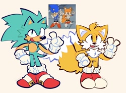 Size: 1927x1420 | Tagged: safe, artist:wonderbuster, miles "tails" prower, sonic the hedgehog, sonic the ova, duo, looking at viewer, mouth open, pointing, redraw, reference inset, simple background, smile, standing, v sign