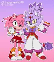 Size: 1024x1174 | Tagged: safe, artist:flameheart87, amy rose, blaze the cat, cat, hedgehog, 2024, amy x blaze, bisexual pride, cute, female, females only, hands together, heart, lesbian, lesbian pride, looking at viewer, one eye closed, pride, pride flag, shipping