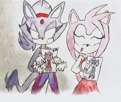 Size: 997x836 | Tagged: safe, artist:fionathefoxart, amy rose, blaze the cat, cat, hedgehog, 2023, amy x blaze, amy's halterneck dress, blaze's tailcoat, cute, eyes closed, female, females only, lesbian, looking at them, shipping, traditional media