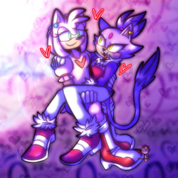Size: 1280x1280 | Tagged: safe, artist:henrickliveson, amy rose, blaze the cat, cat, hedgehog, 2023, amy x blaze, carrying them, cute, female, females only, hearts, lesbian, looking at each other, shipping
