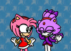 Size: 553x397 | Tagged: safe, artist:hrr_arts, amy rose, blaze the cat, cat, hedgehog, 2021, amy x blaze, amy's halterneck dress, blaze's tailcoat, cute, eyes closed, female, females only, hand behind head, lesbian, looking at them, shipping, smile