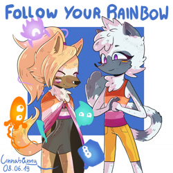 Size: 1280x1280 | Tagged: safe, artist:usatokkiss, tangle the lemur, whisper the wolf, wisp, 2019, ace, asexual pride, blue wisp, cape, cute, cyan wisp, english text, face paint, gay pride, group, lesbian, lesbian pride, orange wisp, pride, pride flag, purple wisp, shipping, signature, smile, standing, tangle x whisper, turquoise wisp