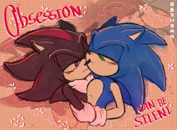 Size: 957x705 | Tagged: safe, artist:br0shh, shadow the hedgehog, sonic the hedgehog, 2023, blushing, duo, english text, gay, heart, heart eyes, holding each other, lidded eyes, looking at each other, shadow x sonic, shipping, smile