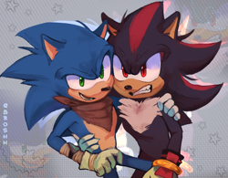 Size: 1296x1012 | Tagged: safe, artist:br0shh, shadow the hedgehog, sonic the hedgehog, 2023, angry, arm around shoulders, clenched teeth, duo, gay, hand on another's hip, holding each other, looking at viewer, looking offscreen, shadow x sonic, shipping, signature, smile, sonic boom (tv), standing, star (symbol)