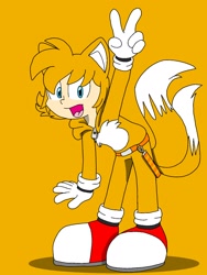 Size: 1080x1440 | Tagged: safe, artist:nashiothepenguin, miles "tails" prower, human, 2022, flat colors, humanized, looking at viewer, simple background, smile, solo, standing, v sign, yellow background
